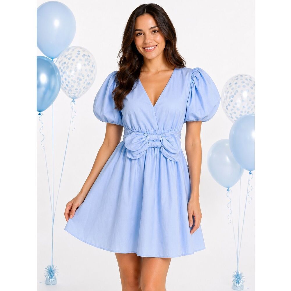 Moon River Cotton Baby Blue Mini Bow Dress Fit And Flate Puff Sleeves M Nwt